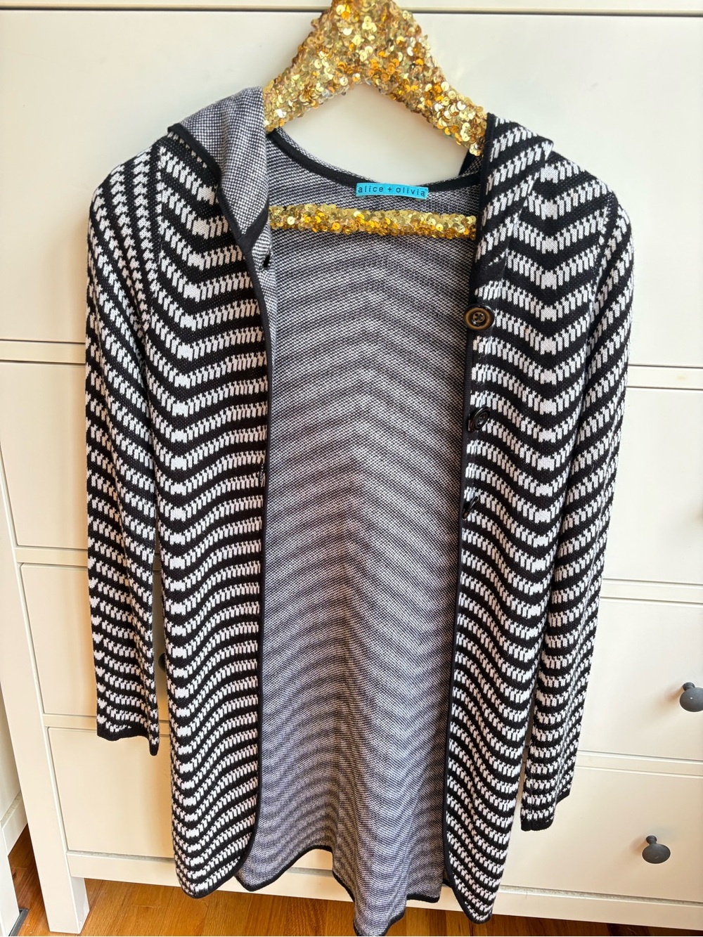 Alice + Olivia Hooded Black and White Striped Duster Long Cardigan Sz Small